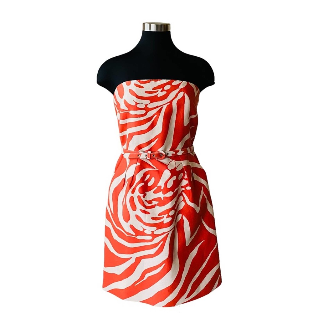 Kate Spade Womens Orange Cream Strapless Belt Pockets Animal Print Size 8 Dress